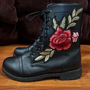 Charlotte Russe Black Combat Boots with Rose Embroidery